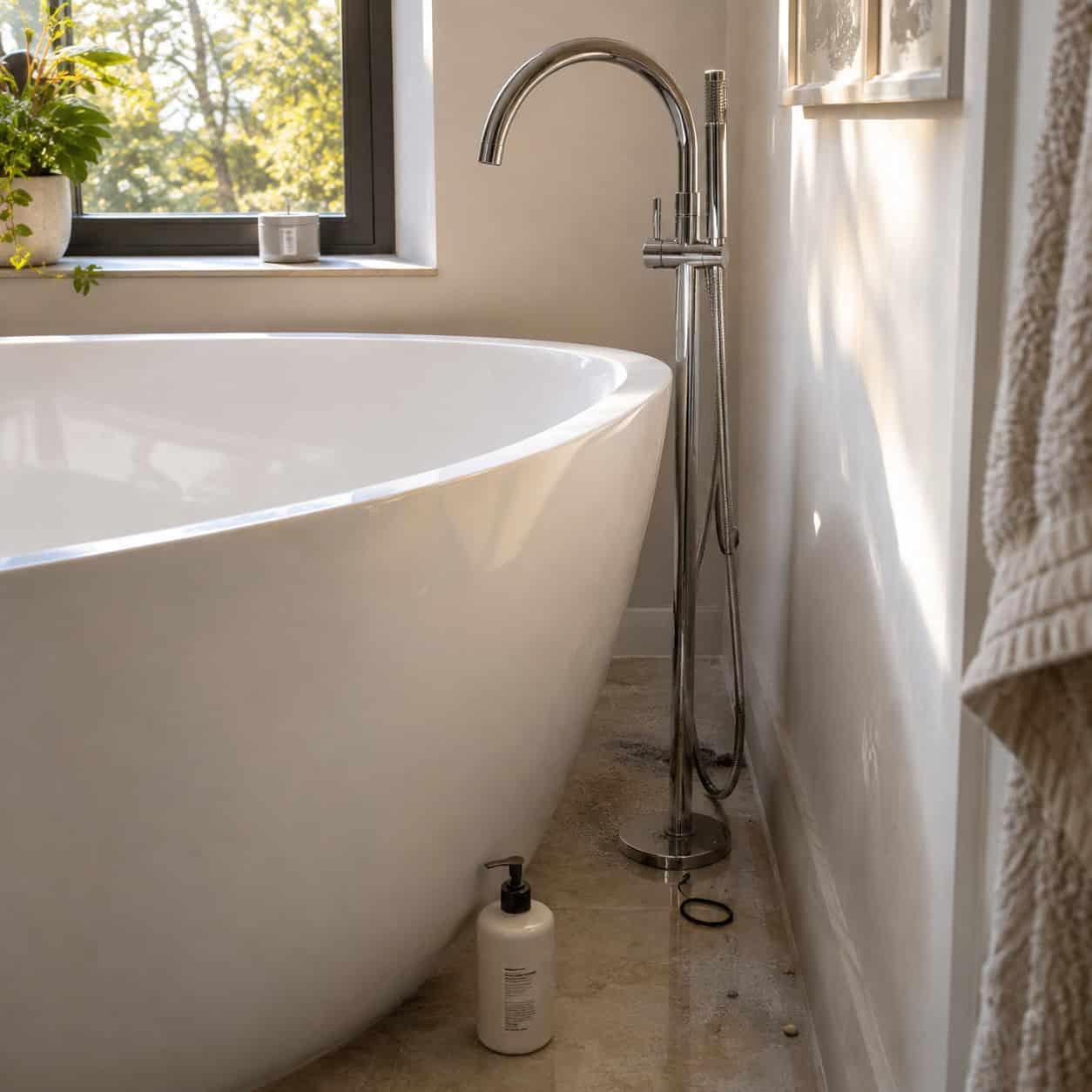 A freestanding soaking tub