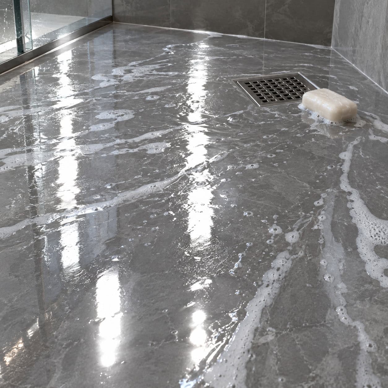 Polished Large-Format Tile on the Shower Floor