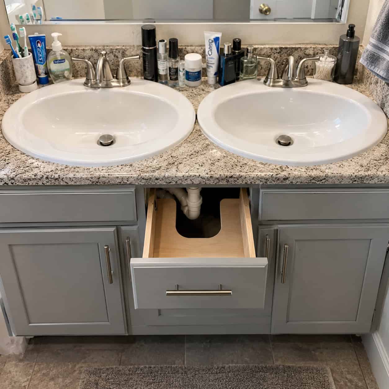 Two sinks squeezed into a 60-inch vanity