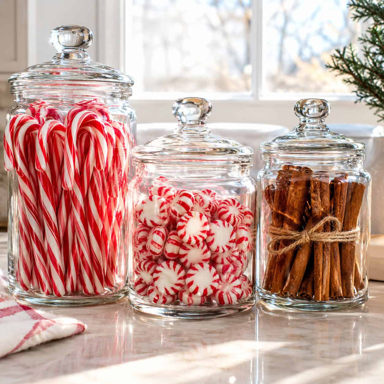 Candy Canes and Cranberries in the Glass Canisters