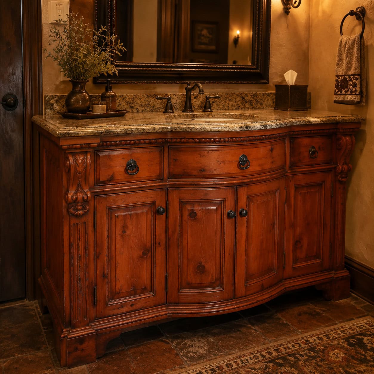 Carved Knotty-Alder Vanities with Corbels