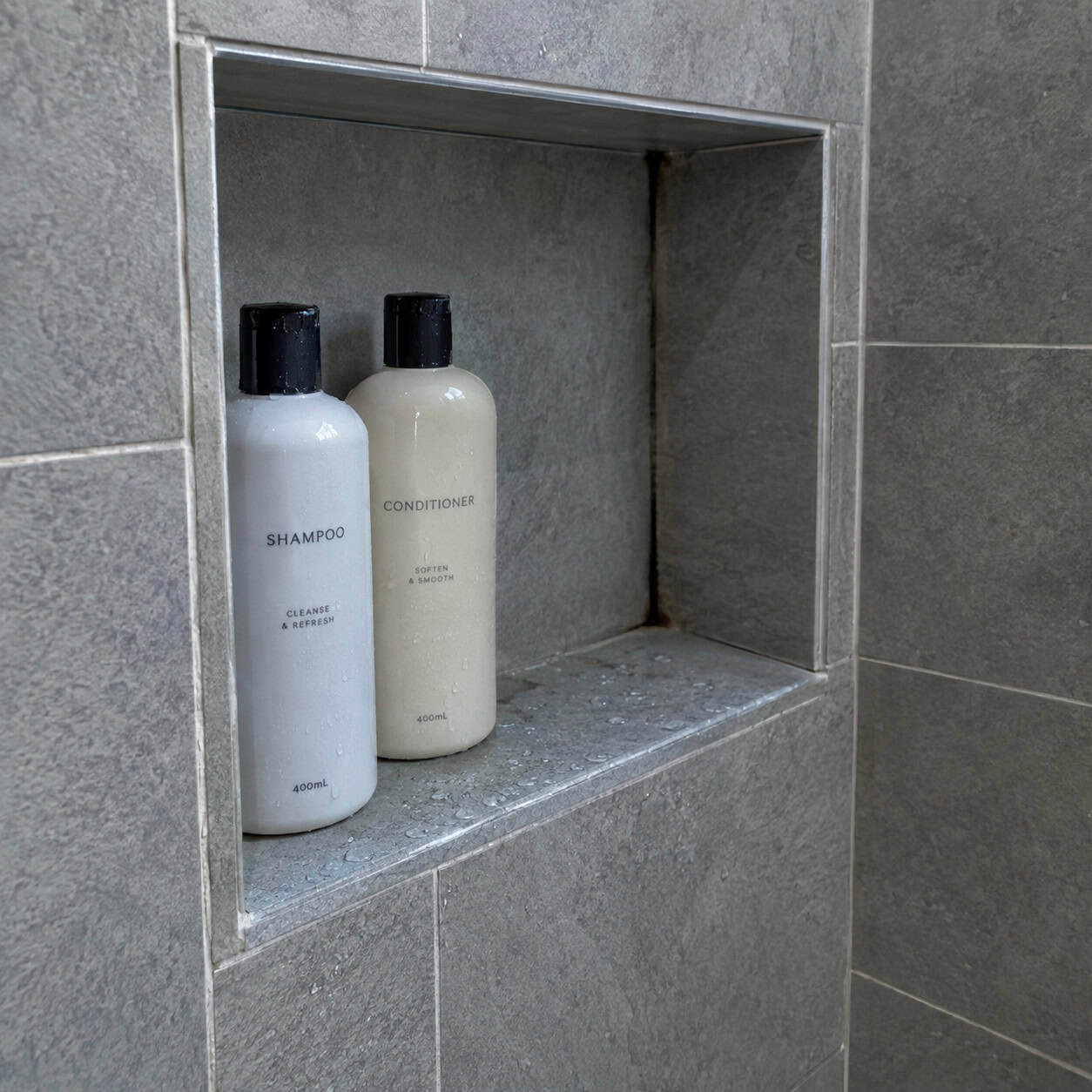 No shower niche — or a niche cut into an exterior wall