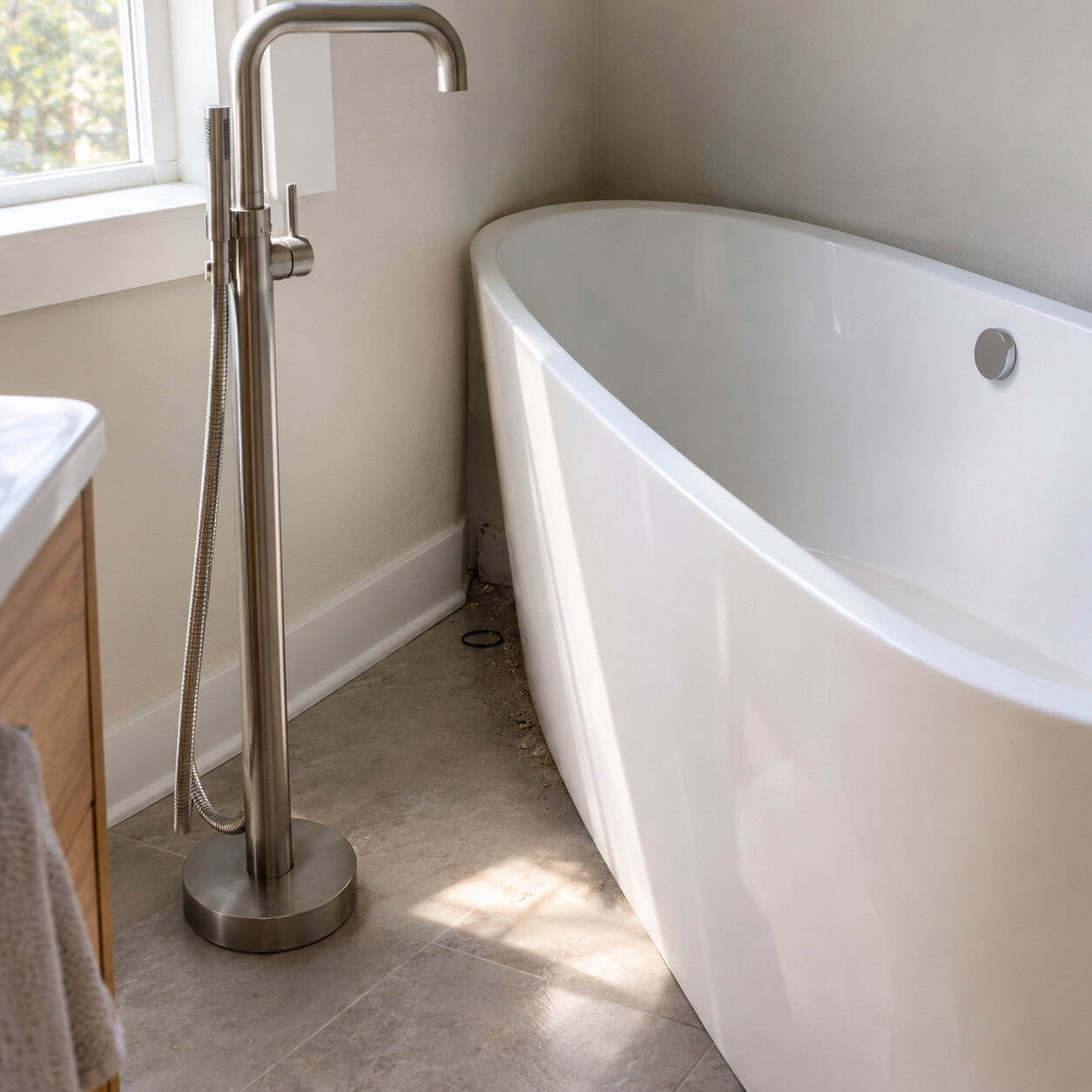 A Freestanding Tub Shoved Against the Wall