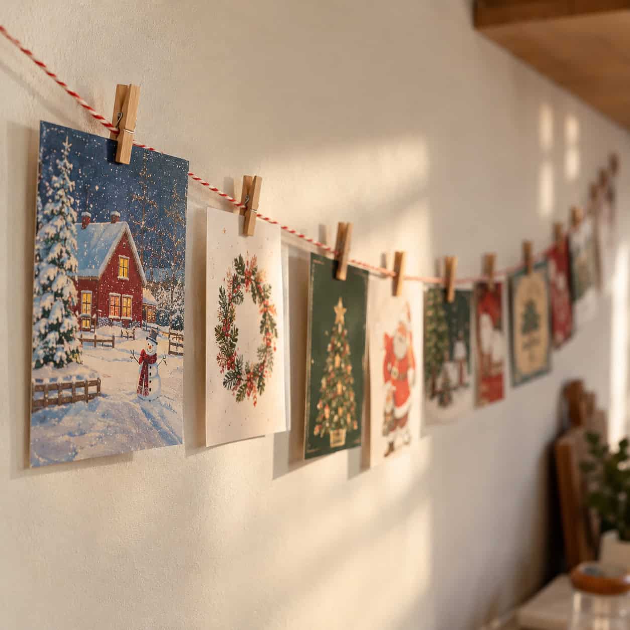 Christmas Cards Strung on Ribbon