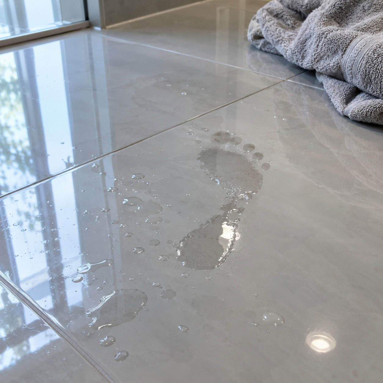 Glossy, low-slip floor tile