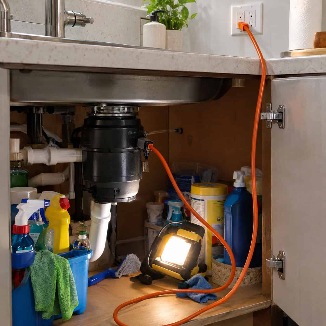 A garbage disposal on an extension cord