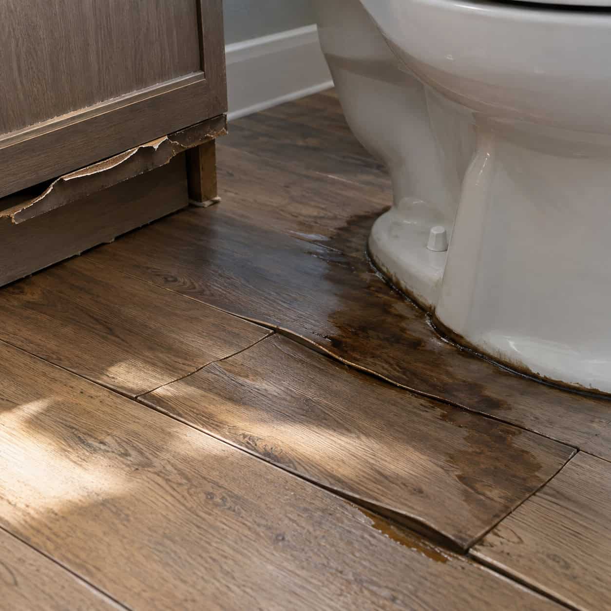 A wood vanity or wood-look flooring in the splash zone