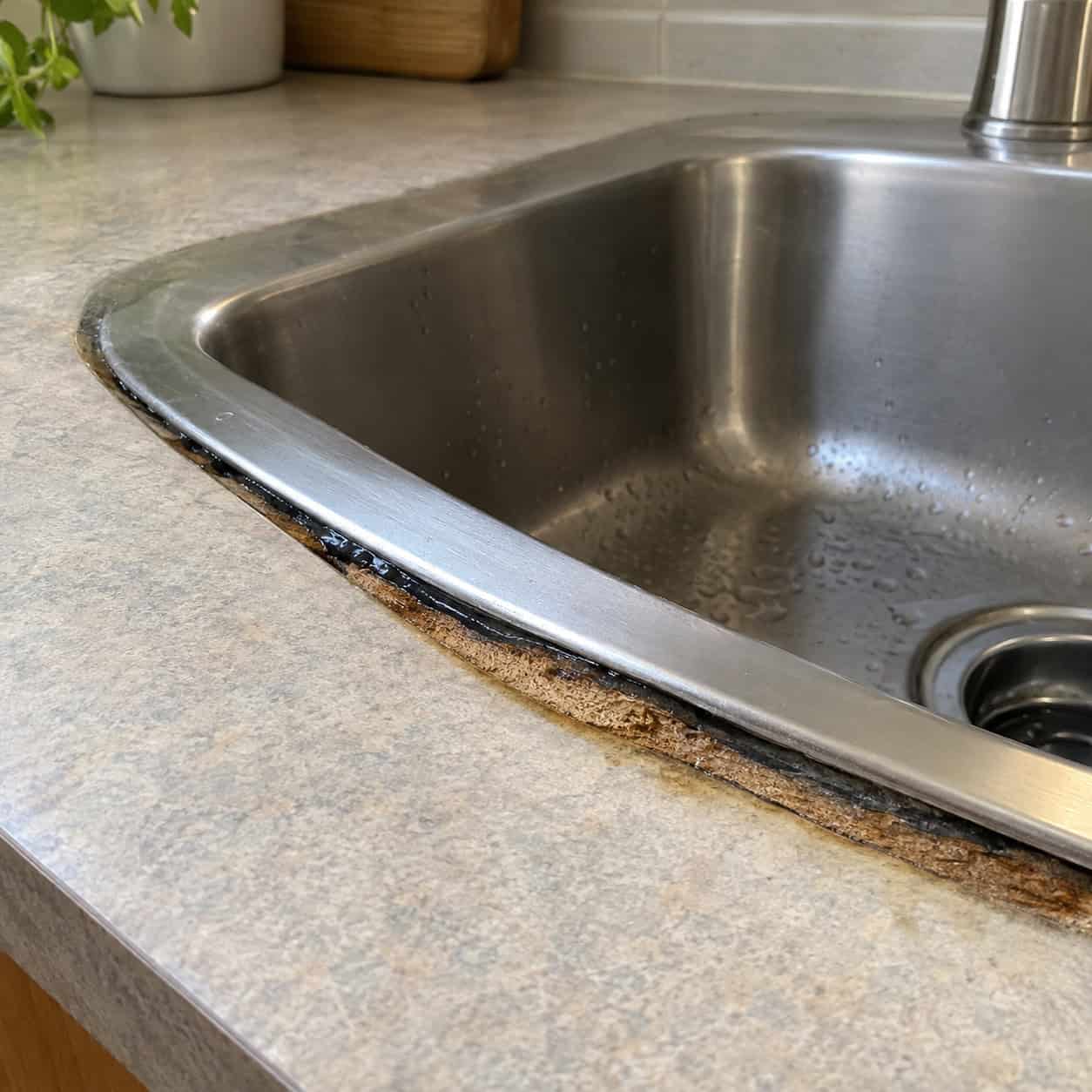 An undermount sink siliconed to laminate