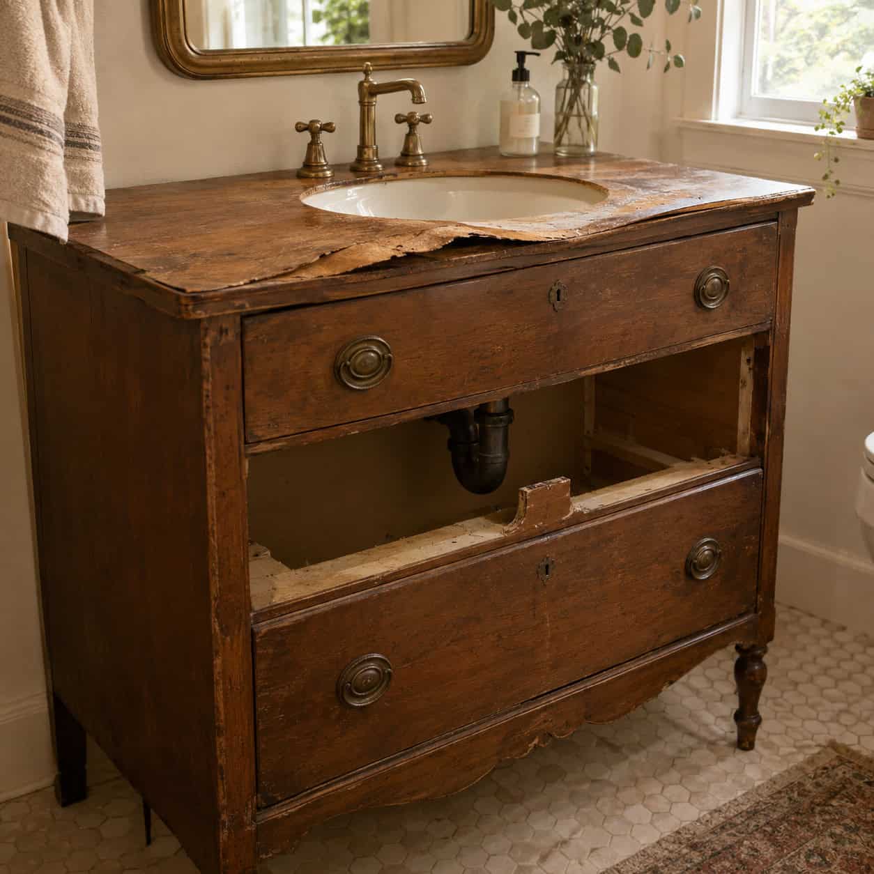 An Antique Dresser Converted Into a Vanity