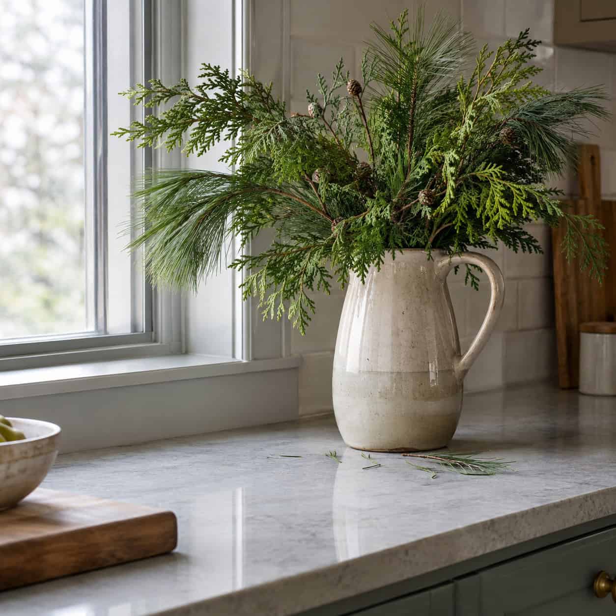 Fresh Cedar Clippings in a Stoneware Pitcher