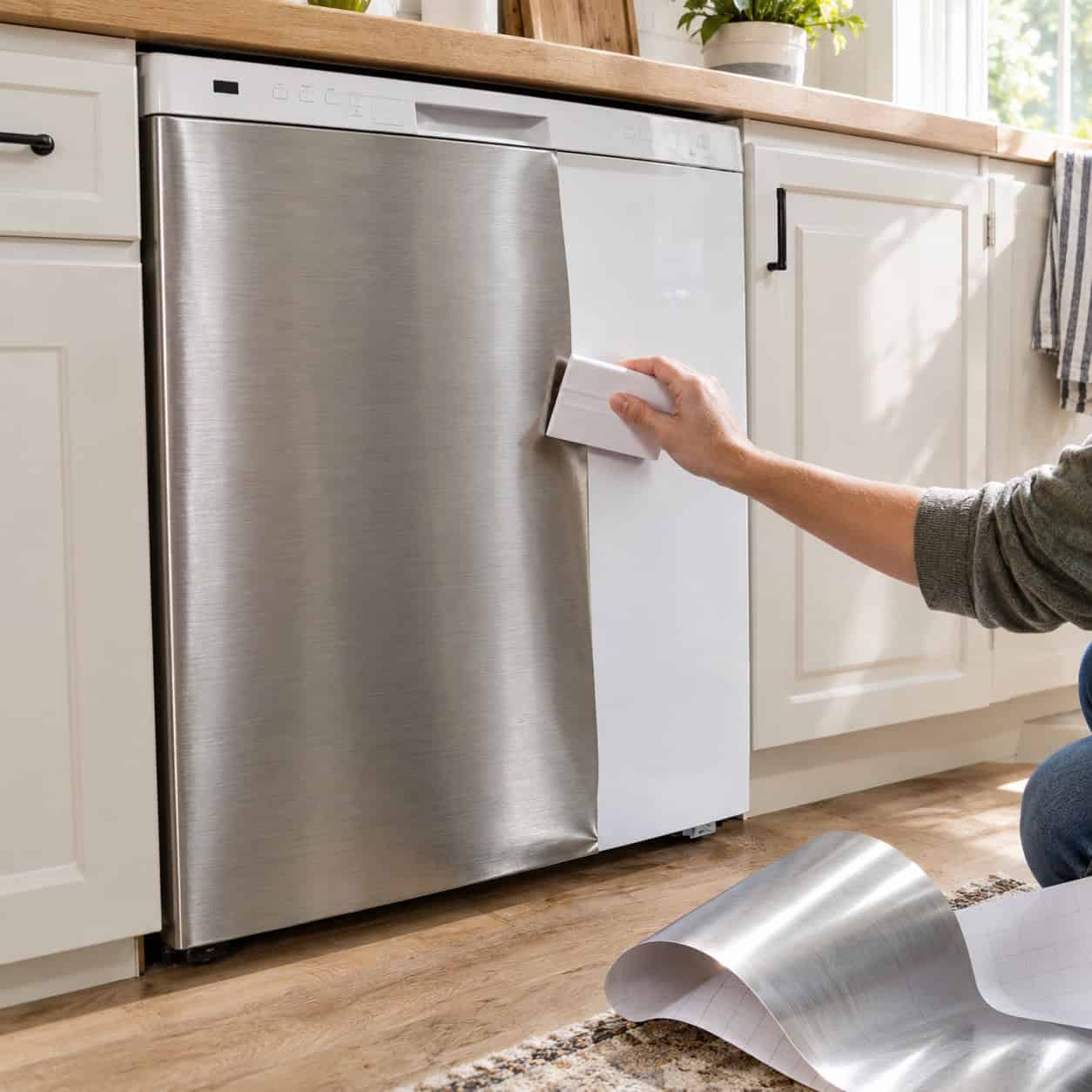 Stainless Appliance Film Over a White Dishwasher