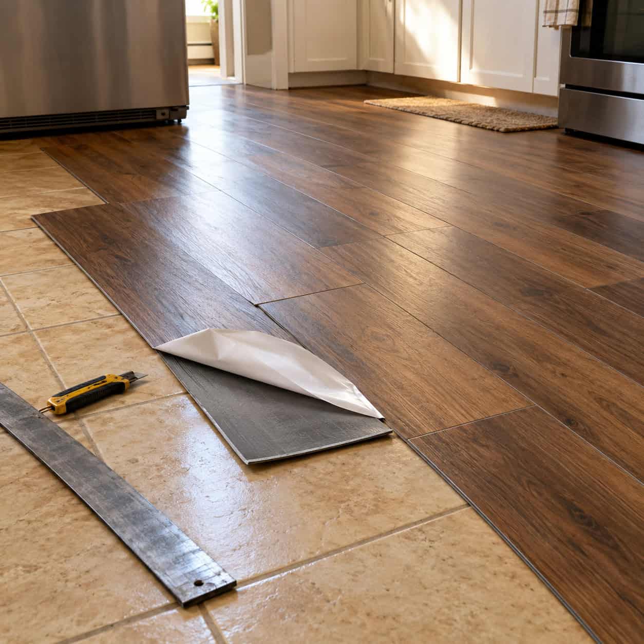 Peel-and-Stick Vinyl Plank Over the Old Kitchen Floor
